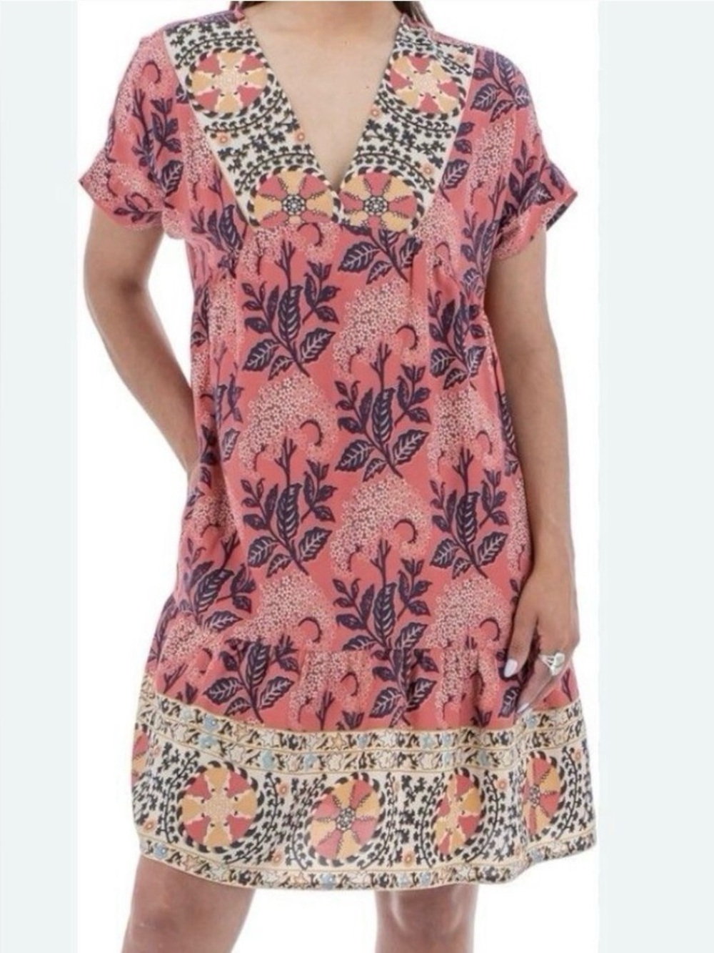 Aventura Pink Floral V-Neck Mini Dress with Navy Leaf Print ptp 21 length 36